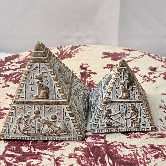 Set of 2 Stone *faux* Egyptian Pyramid Statues for Decor Gold/White Color - Picture 3 of 11
